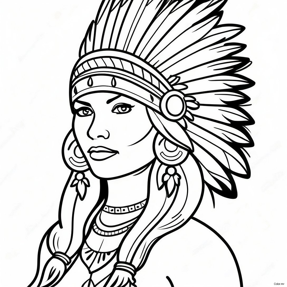 Beautiful Native American Woman With Feathered Headdress Coloring Page 69824 57521
