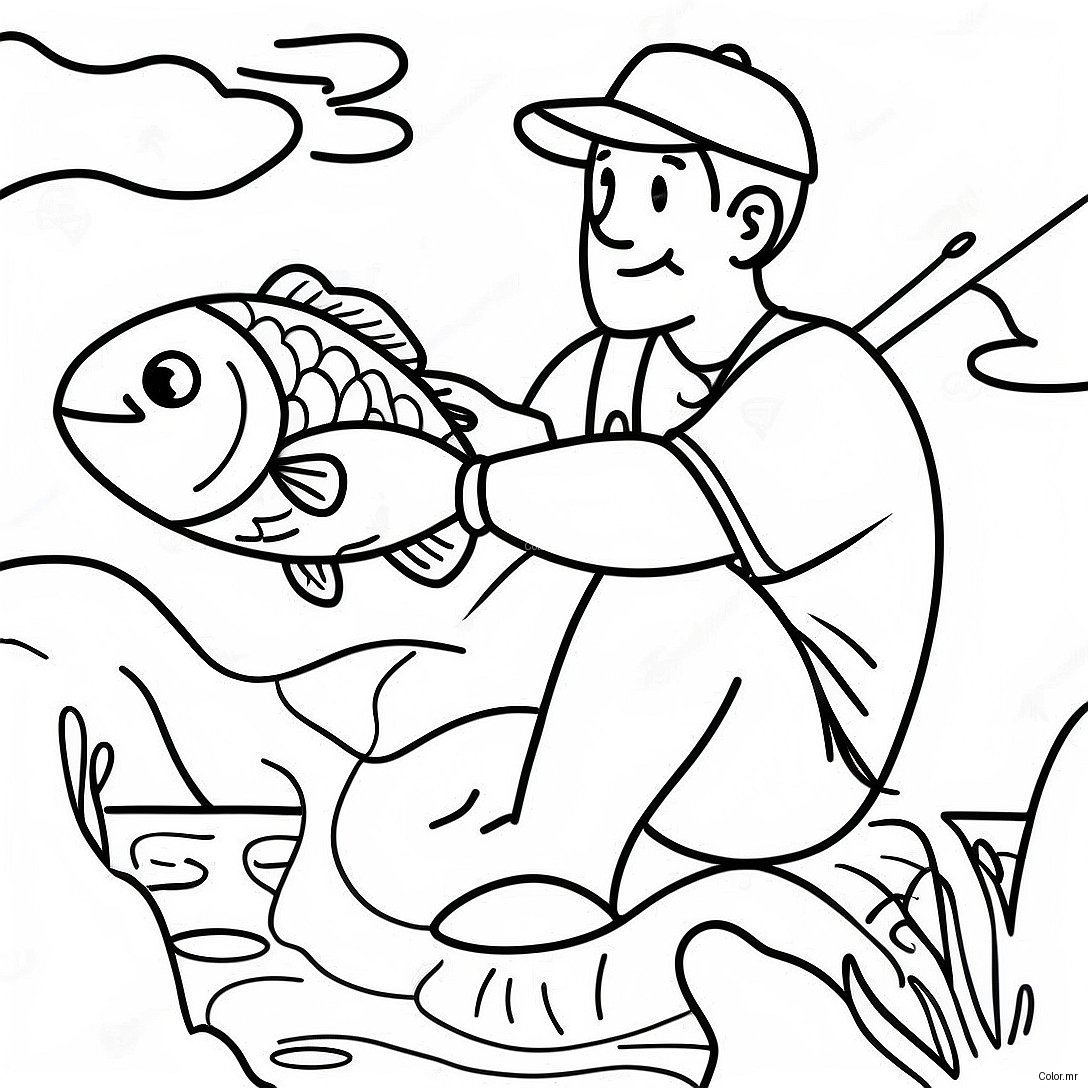 Happy Fisherman Catching A Big Bass Coloring Page 26863 24552